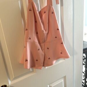 Pin up retro style peplum pink cherry print halter top sz L belle poque